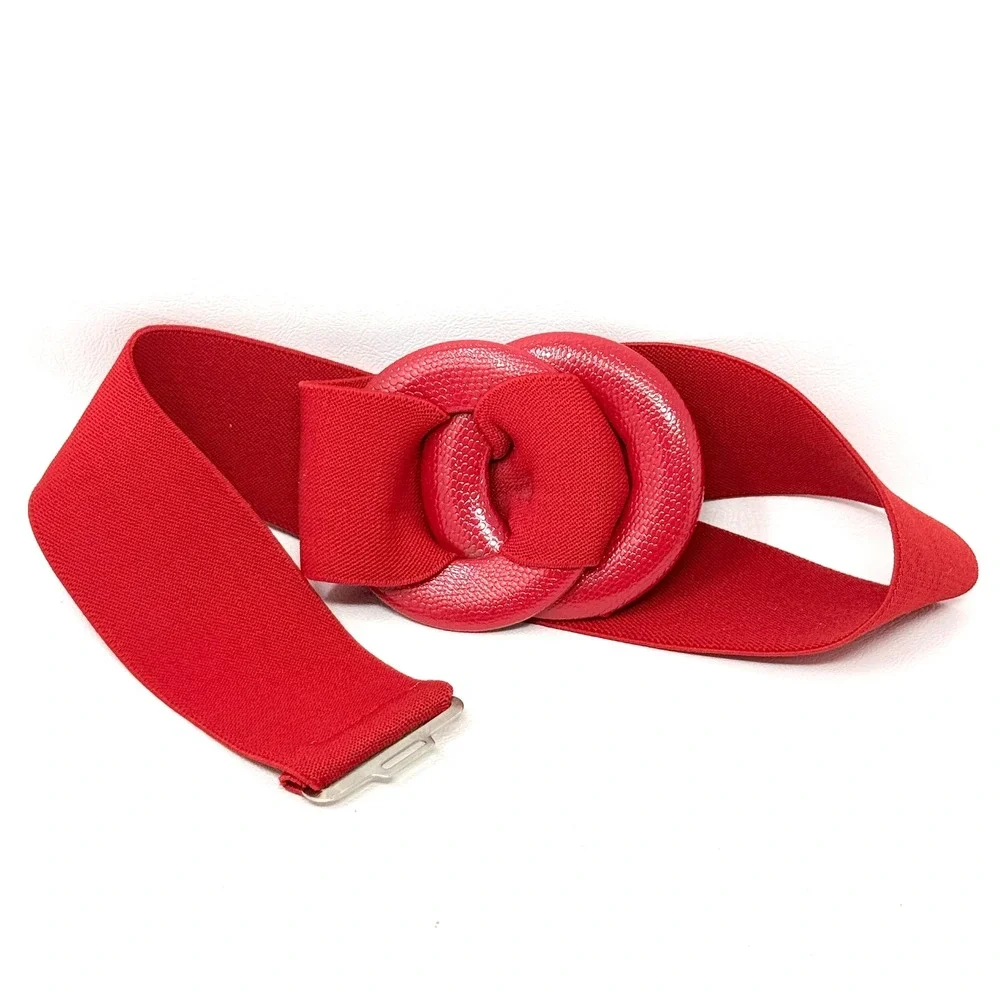 Vtg 90s Stretch Belts Set‎ Red Black Double Ring Ivory Shirred Button M/L Preppy